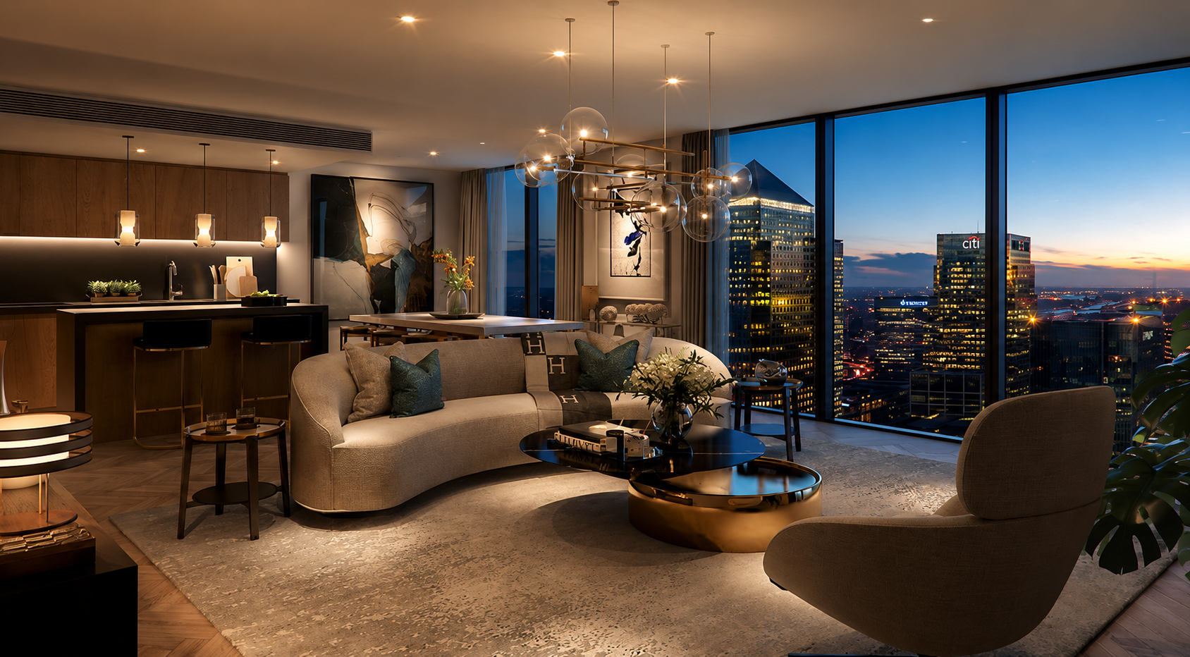 Luxury serviced apartment interior with London skyline view